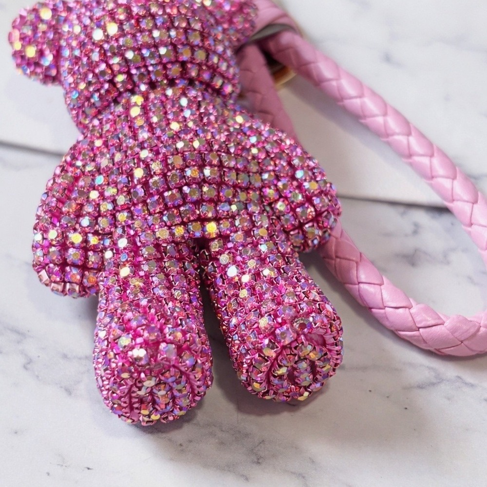 Natasha Pink Rhinestone Teddy Bear Handbag Charm Key Ring Braided Strap Bling - Picture 3 of 4